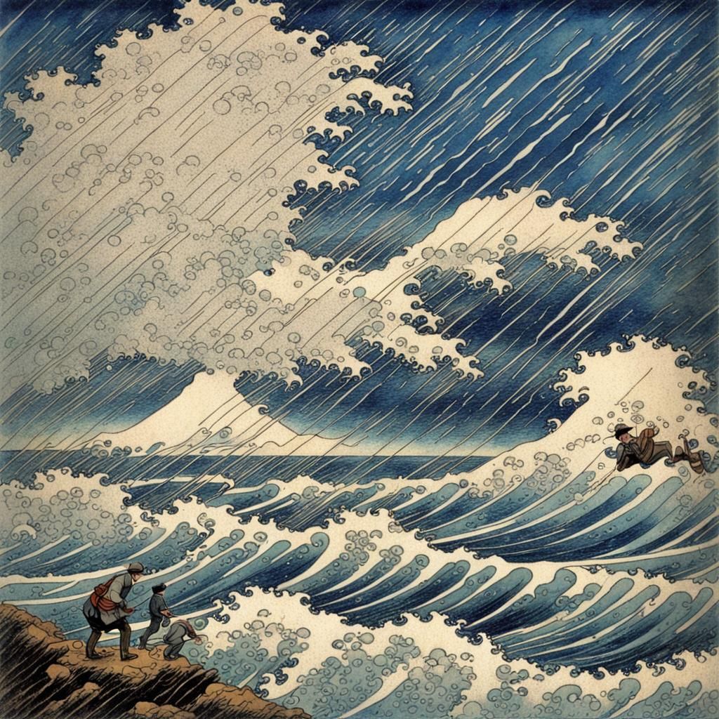 Rain Shower at Sea: Post-Impressionistic Hokusai Style