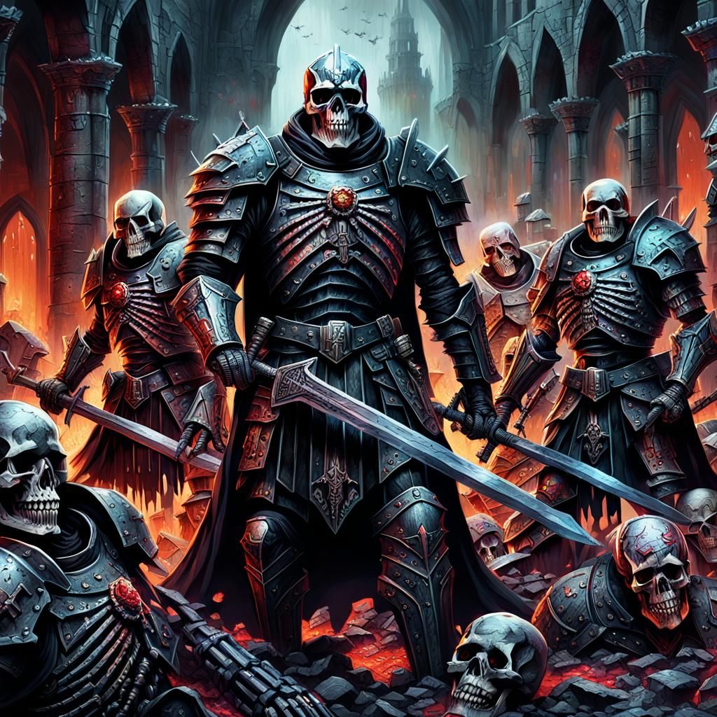 Gothic Army in Skeletal Ruins: Hyperrealistic Splash Art