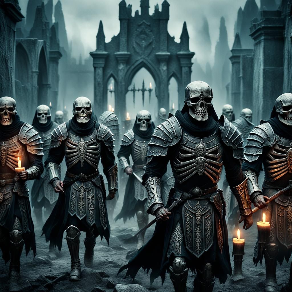 Armored Skeletal Warriors March in Gothic Graveyard
