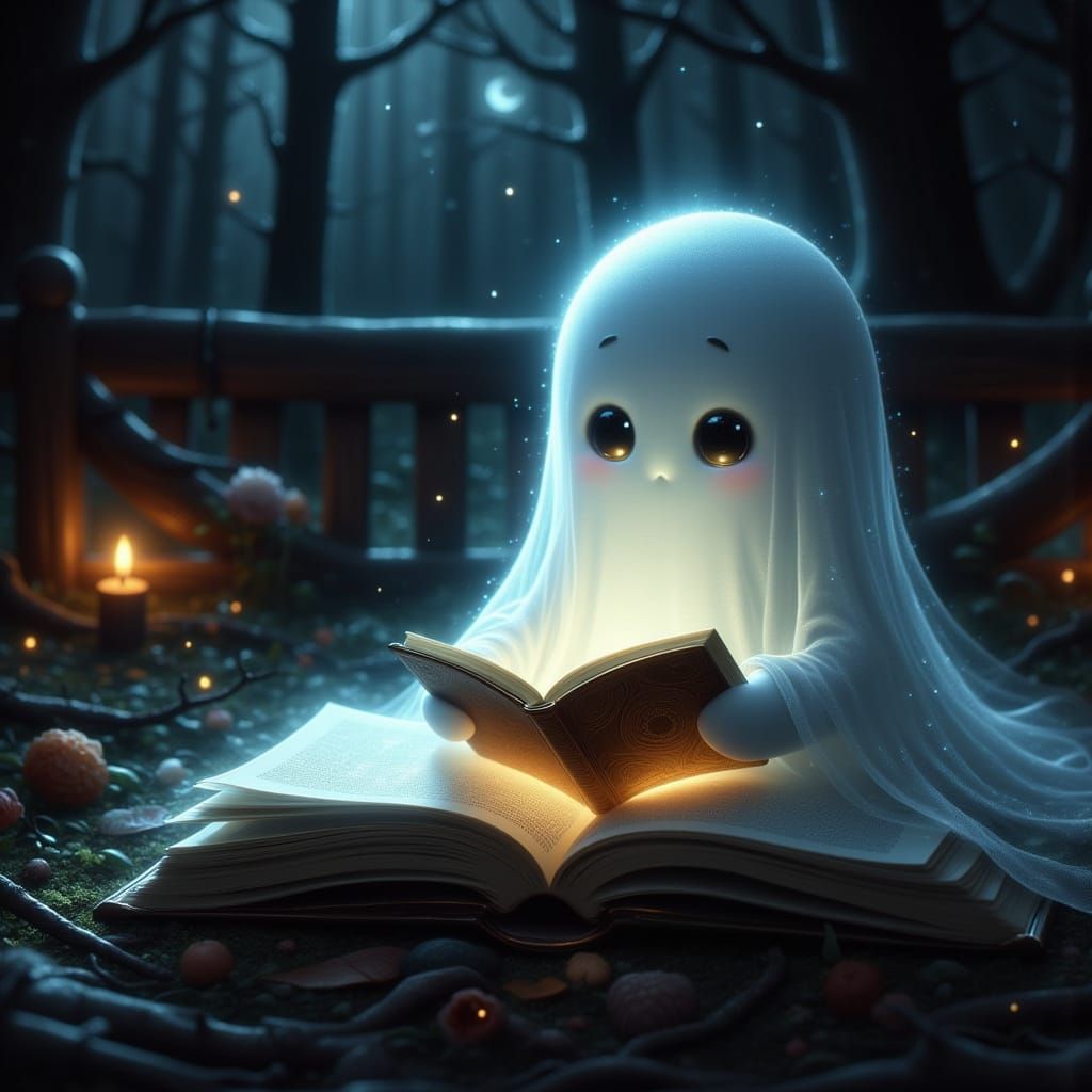 Whimsical Baby Ghost Reading in a Dreamy Atmosphere