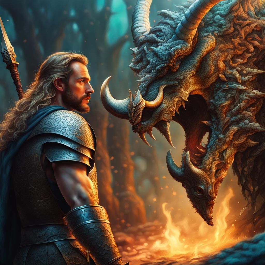 Siegfried Confronts Fafnir: Hyperrealistic Medieval Scene