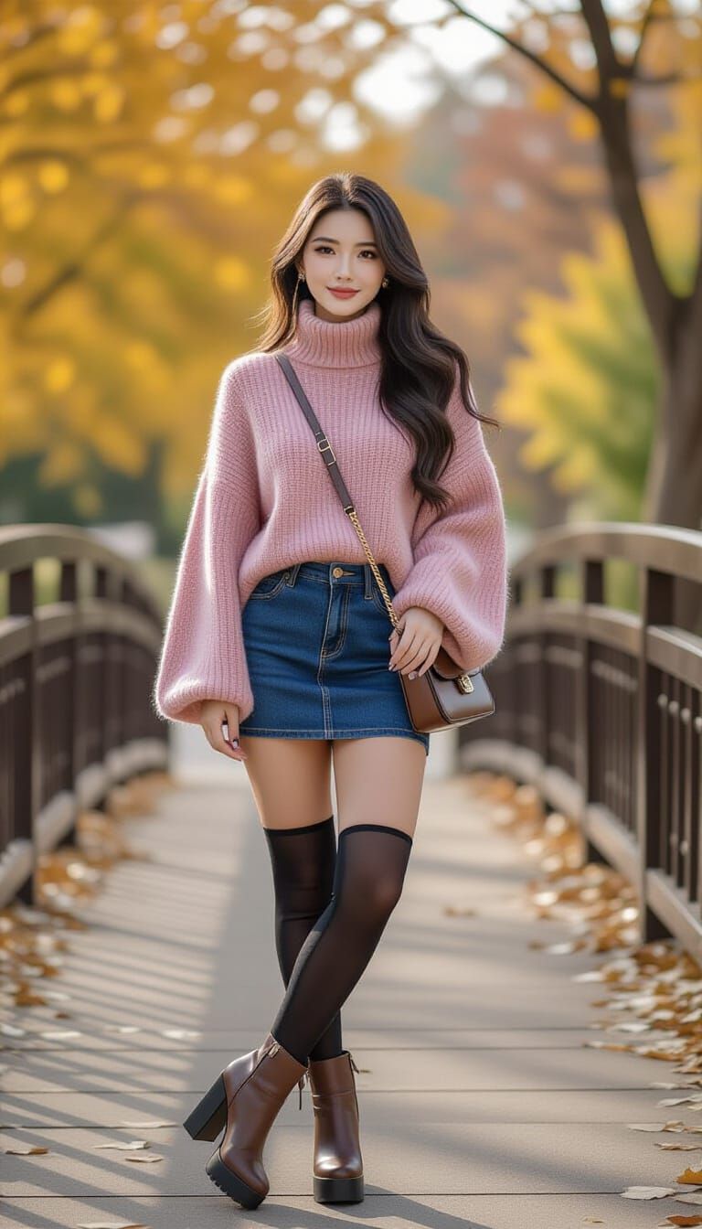 Woman in Fuzzy Sweater on Autumn Footbridge
