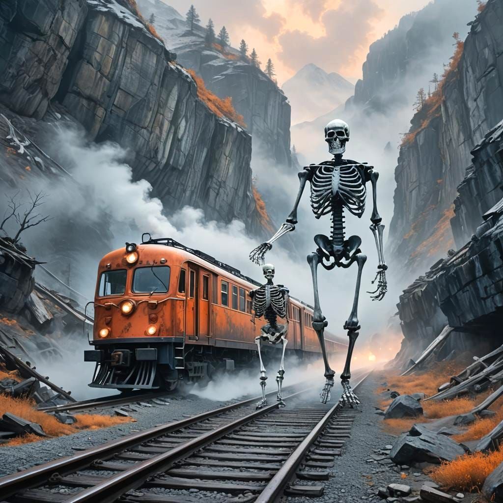 Skeleton on Train in Ghostly, Detailed Matte Painting