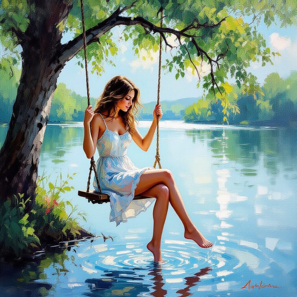Woman on Lakeside Swing: Impasto Oil Painting