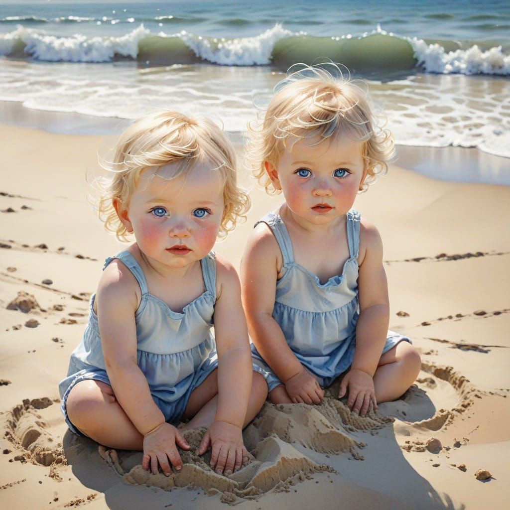 Blond Twins Playing at the Beach in Watercolor Style