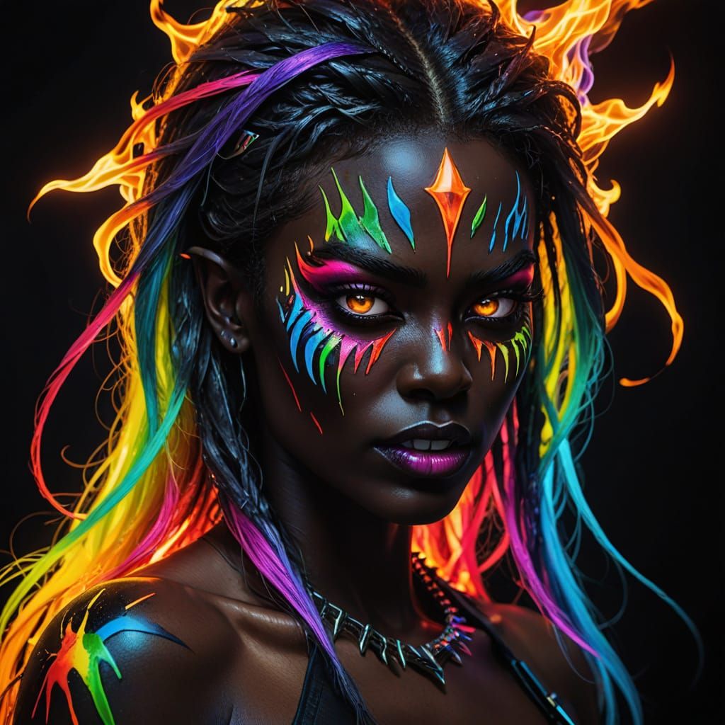Dark Beauty with Electric Neon Claws and Rainbow Flames
