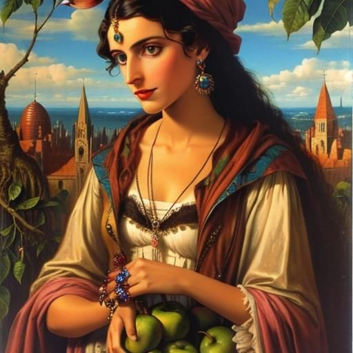 Surreal Face with Birds and Fruit in Max Ernst Style