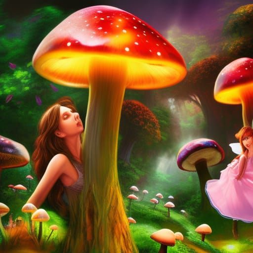 Fairy Stares at Glowing Mushroom in Fairyland