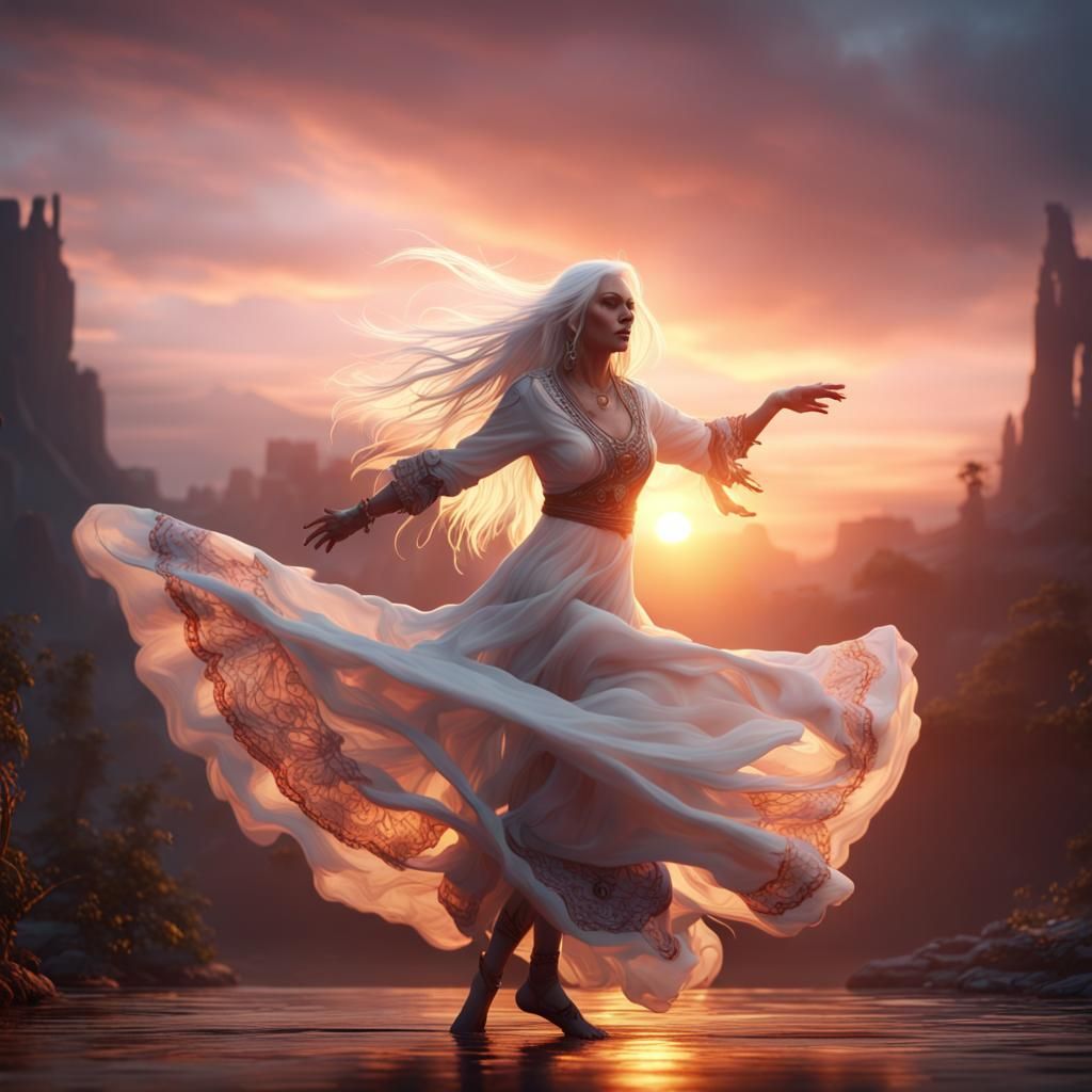 White-Haired Woman Dancing in Sunrise: Fantasy Art