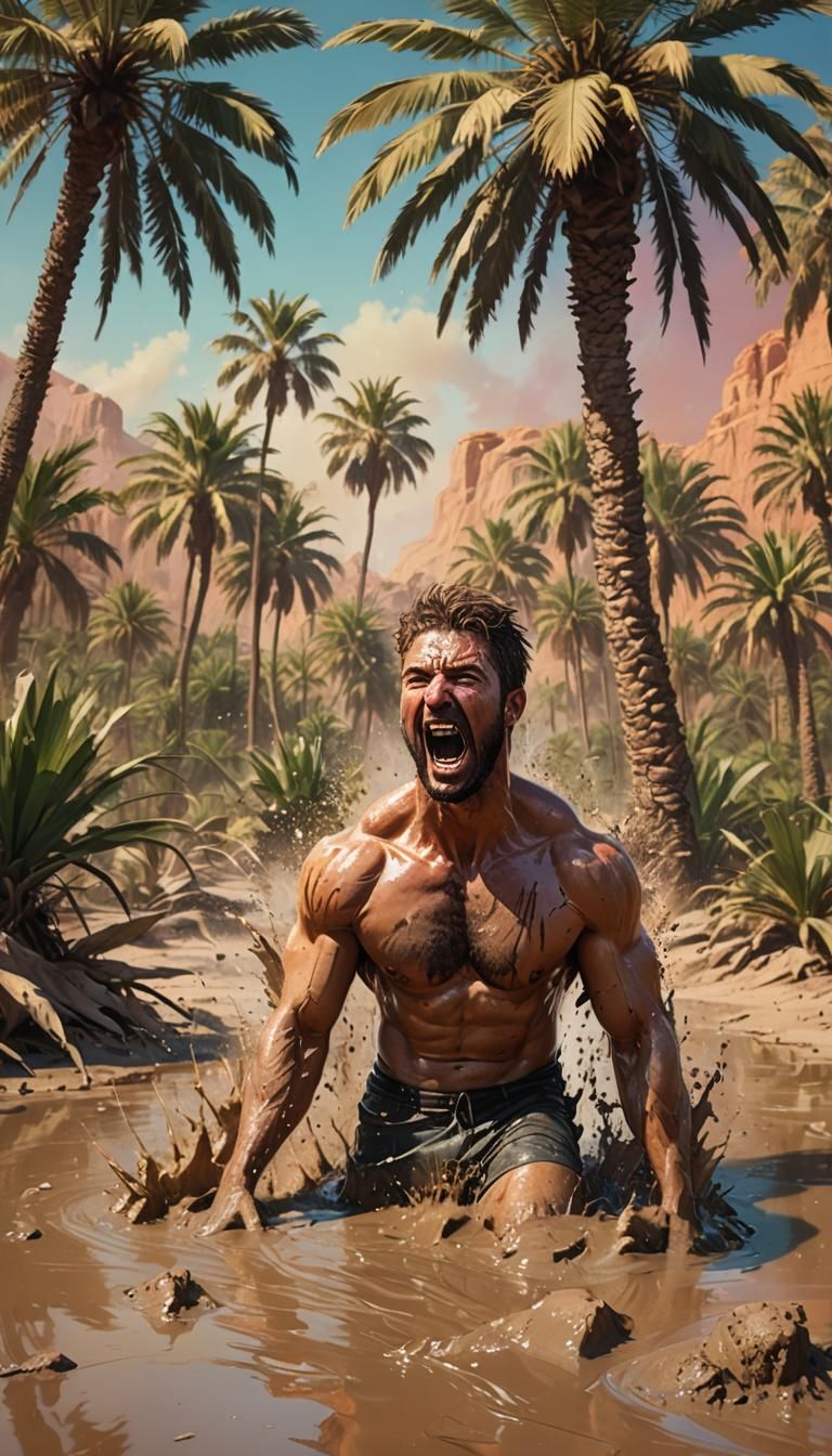 Man Shouting in Mud Swamp Oasis: Hyperrealistic Art