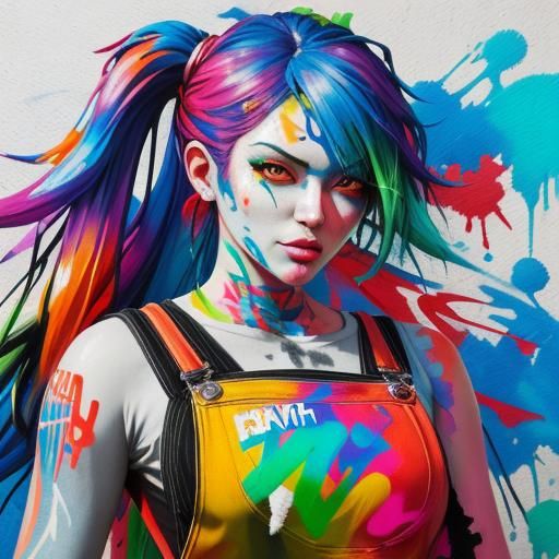 Anime Girl in Overalls: Graffiti Splash Art
