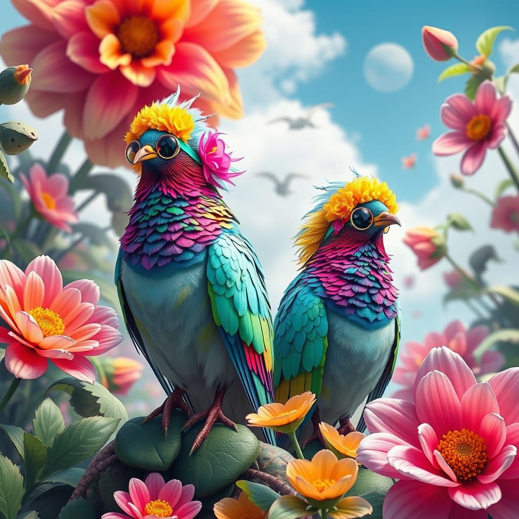 Psychedelic Doves in Vibrant 1960s Hippie Attire