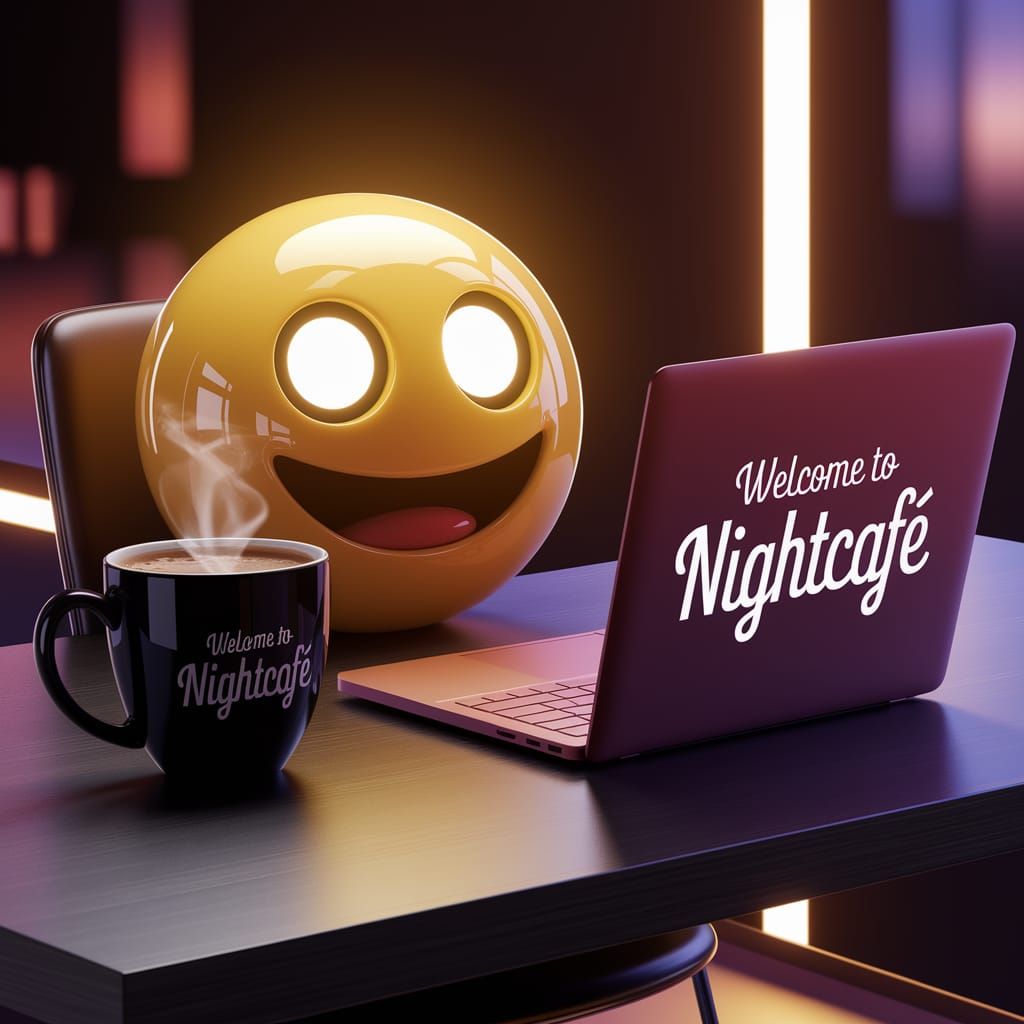 Vibrant 3D Emoji at Desk with Coffee