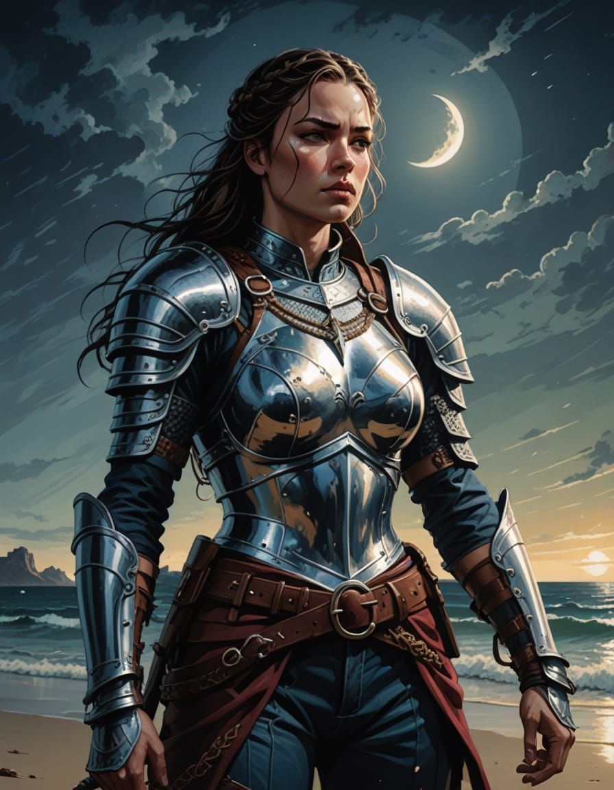 Ethereal Warrior Under Full Moonlit Beach Scene in Comic Boo...