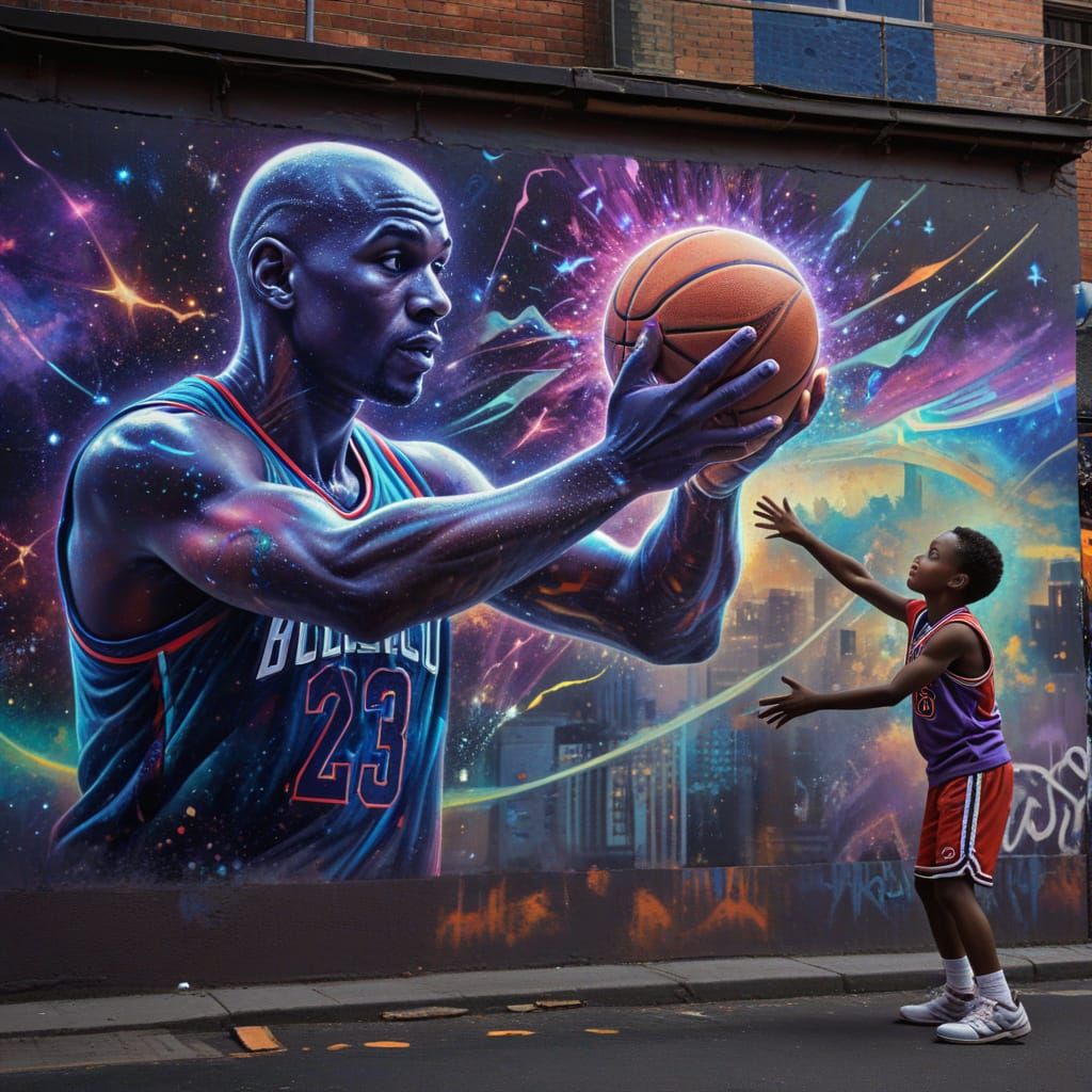 Boy Receives Basketball in Surreal Street Art