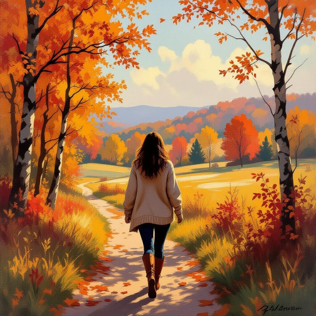 Woman in Autumnal Tennessee Landscape, Impressionistic Style