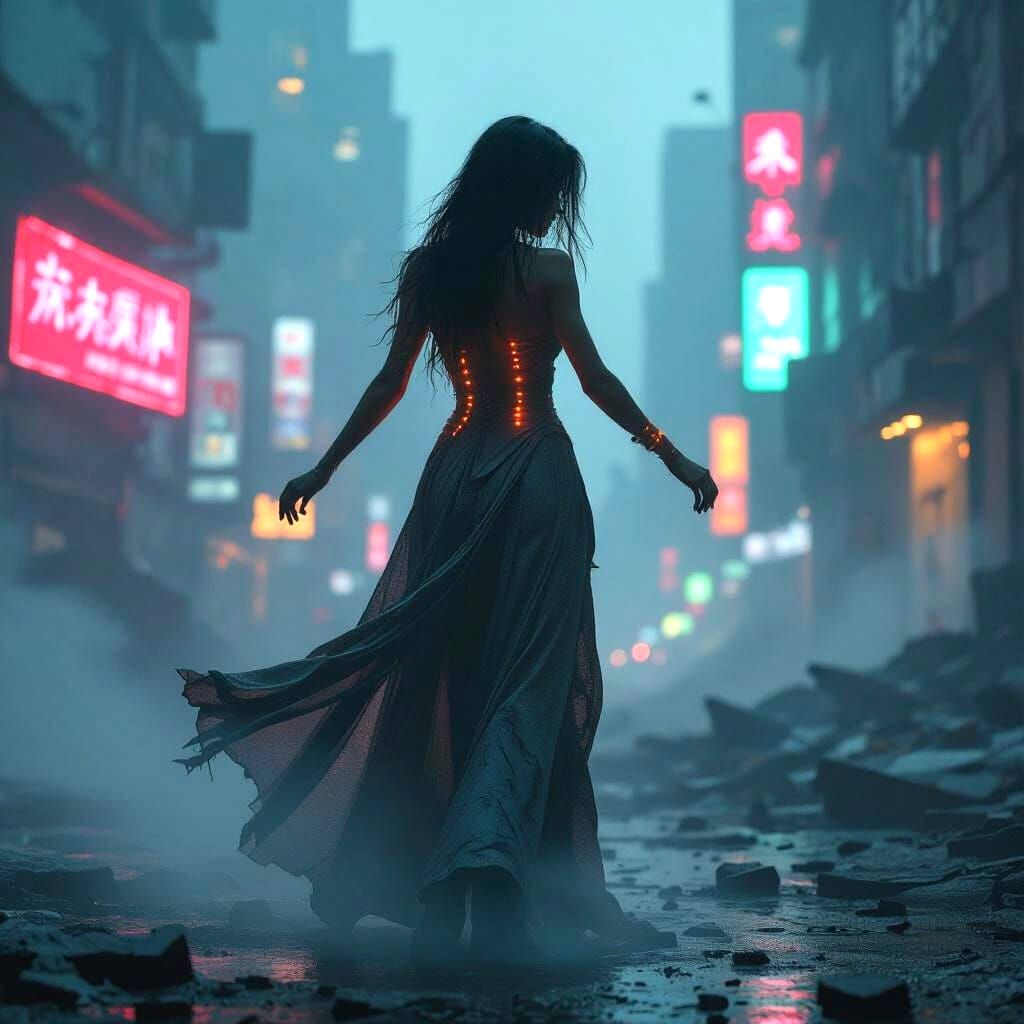 A lone female figure dances in a ruined cyberpunk city, her ...