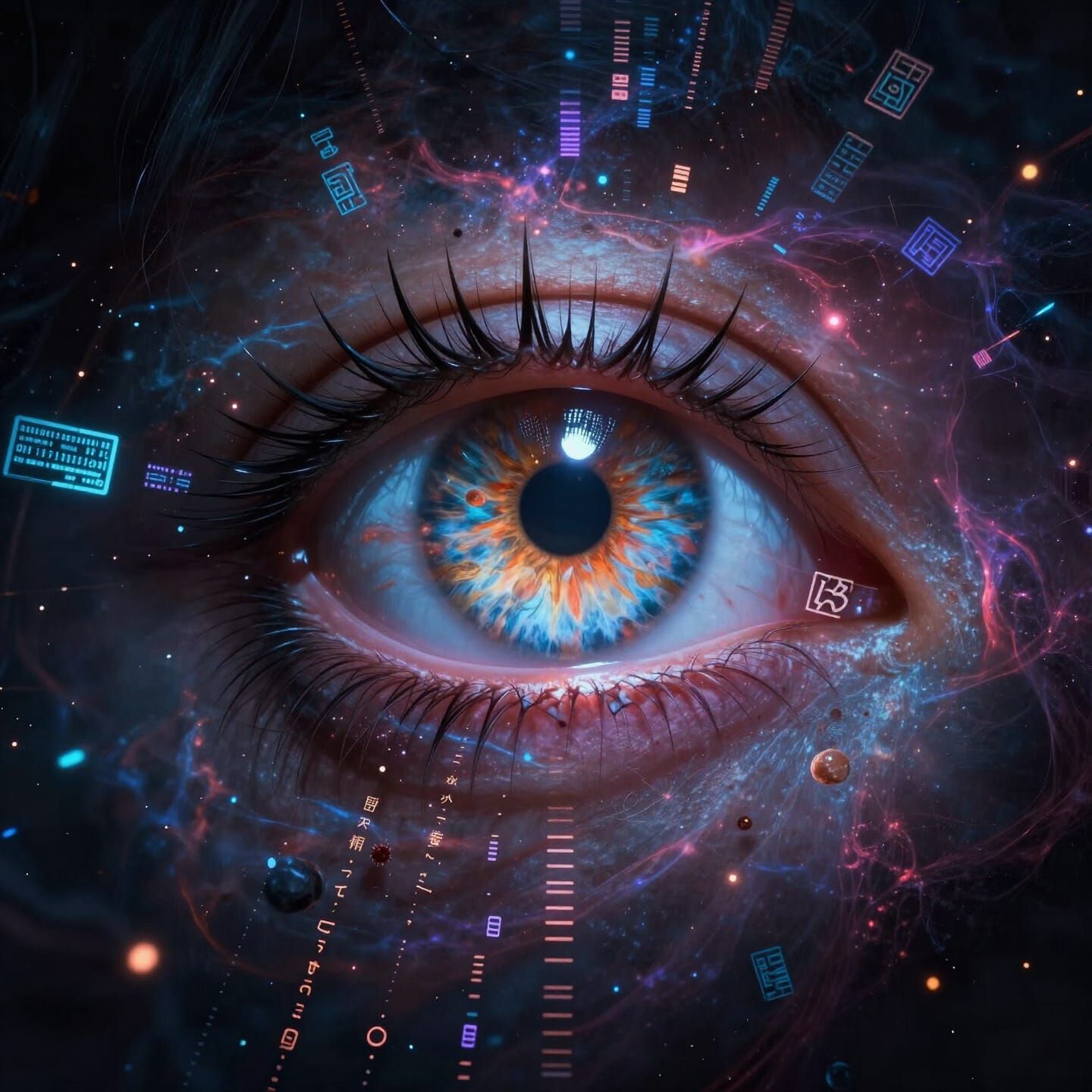Hyperrealistic Futuristic Eye Amidst Glowing Symbols