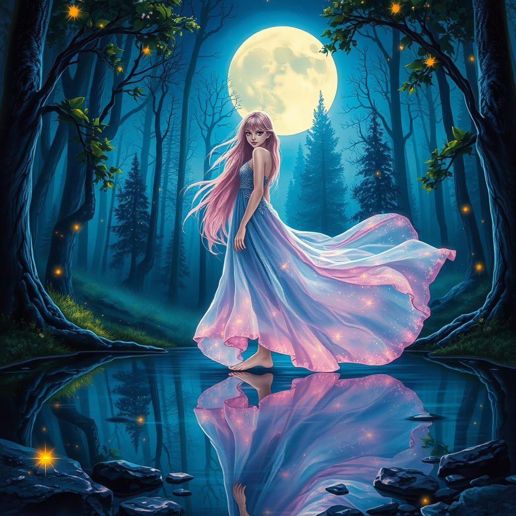 Moonlit Maiden in Forest Glade: Graffiti Art