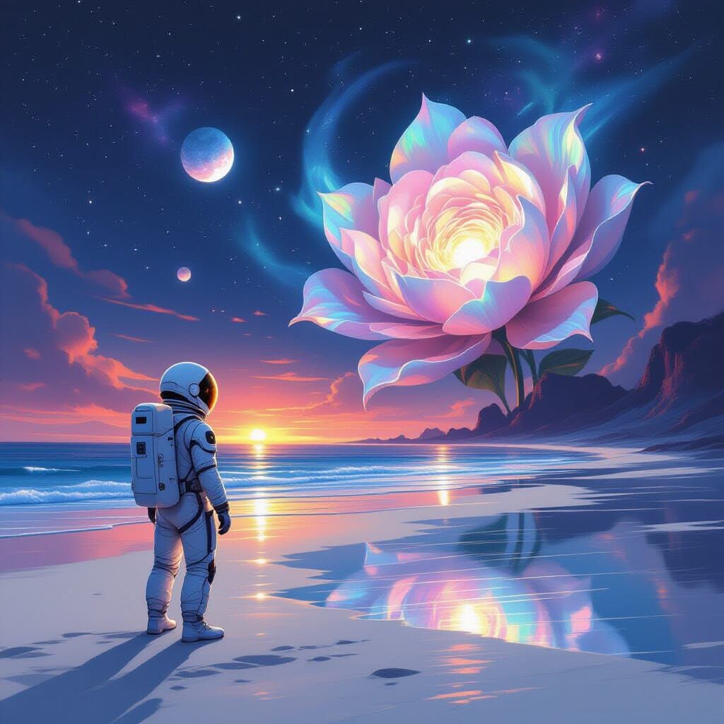 Astronaut on Alien Beach with Bioluminescent Flower