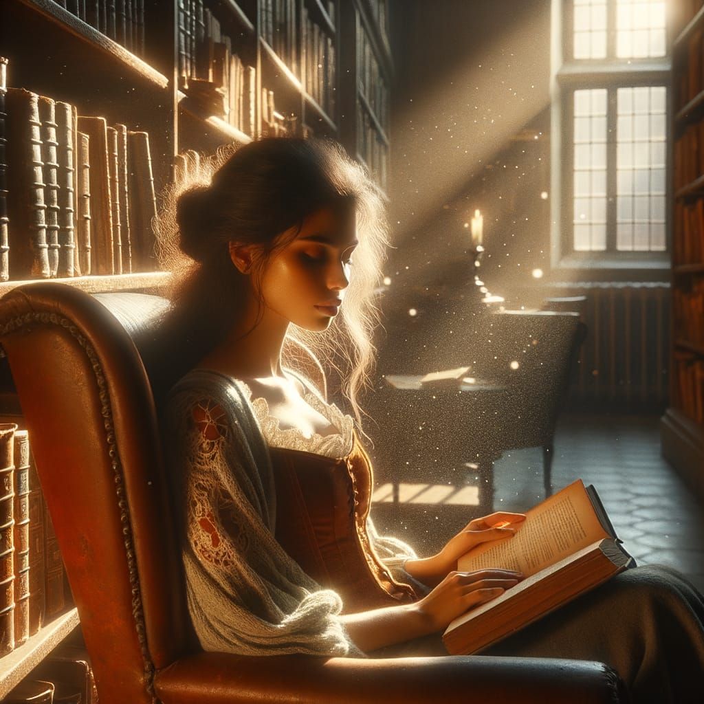 Sunlit Library Scene in Antique Photo Style