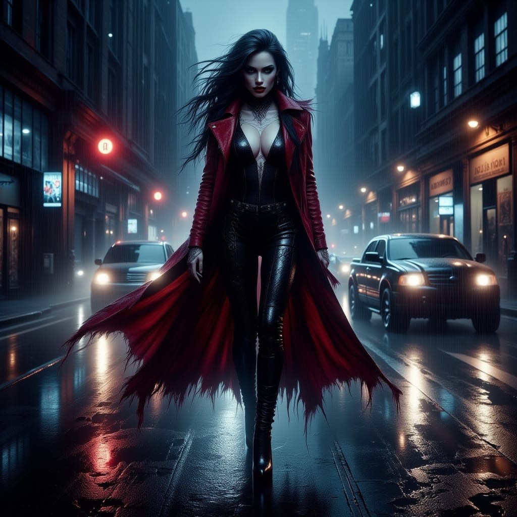 Seductive Vampiress Struts Down Cyberpunk City Street