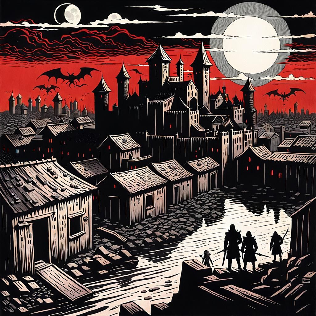 Dark Fantasy Sun Sinking Behind Dystopian City