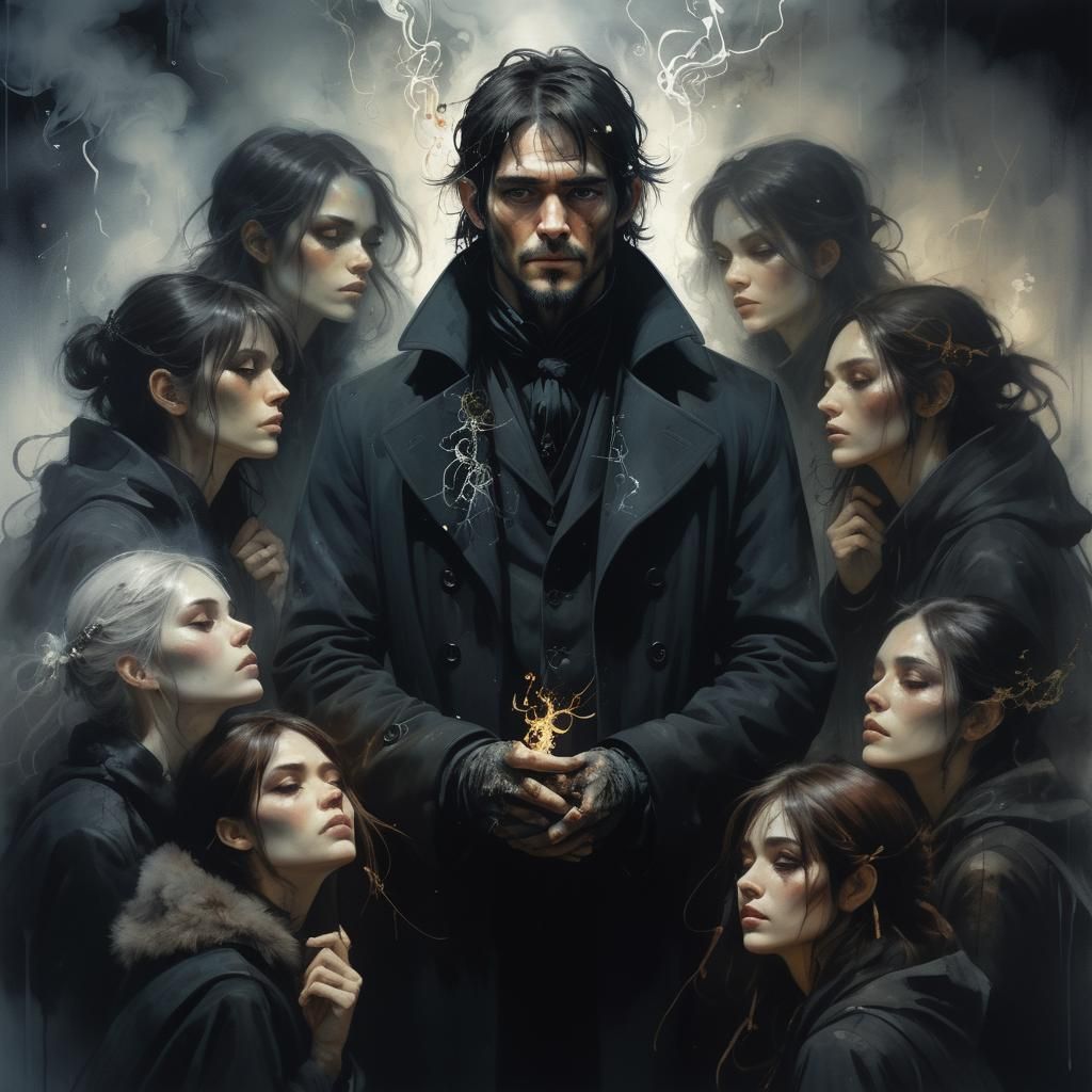 Dark Fantasy Man Surrounded by Women in Mist