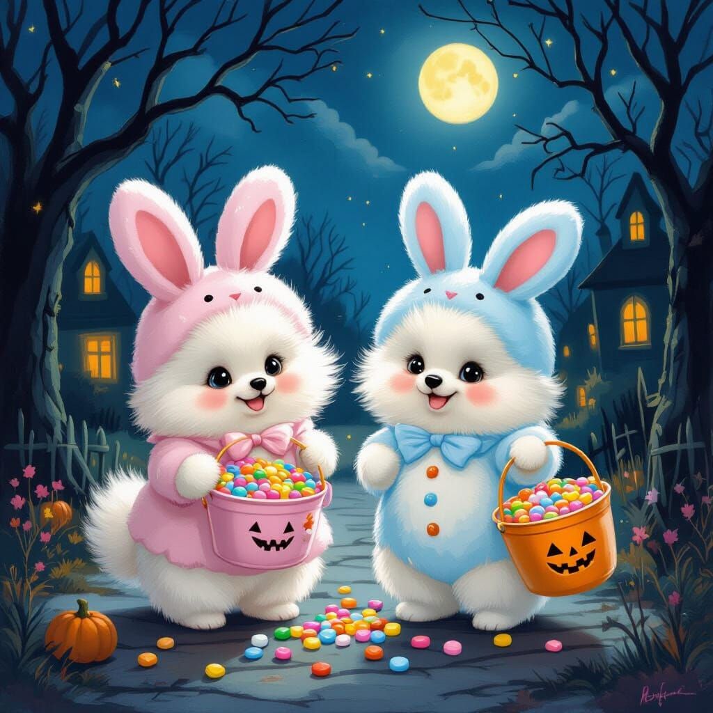 Fluffy Pomeranians as Peep Bunnies Trick-or-Treating