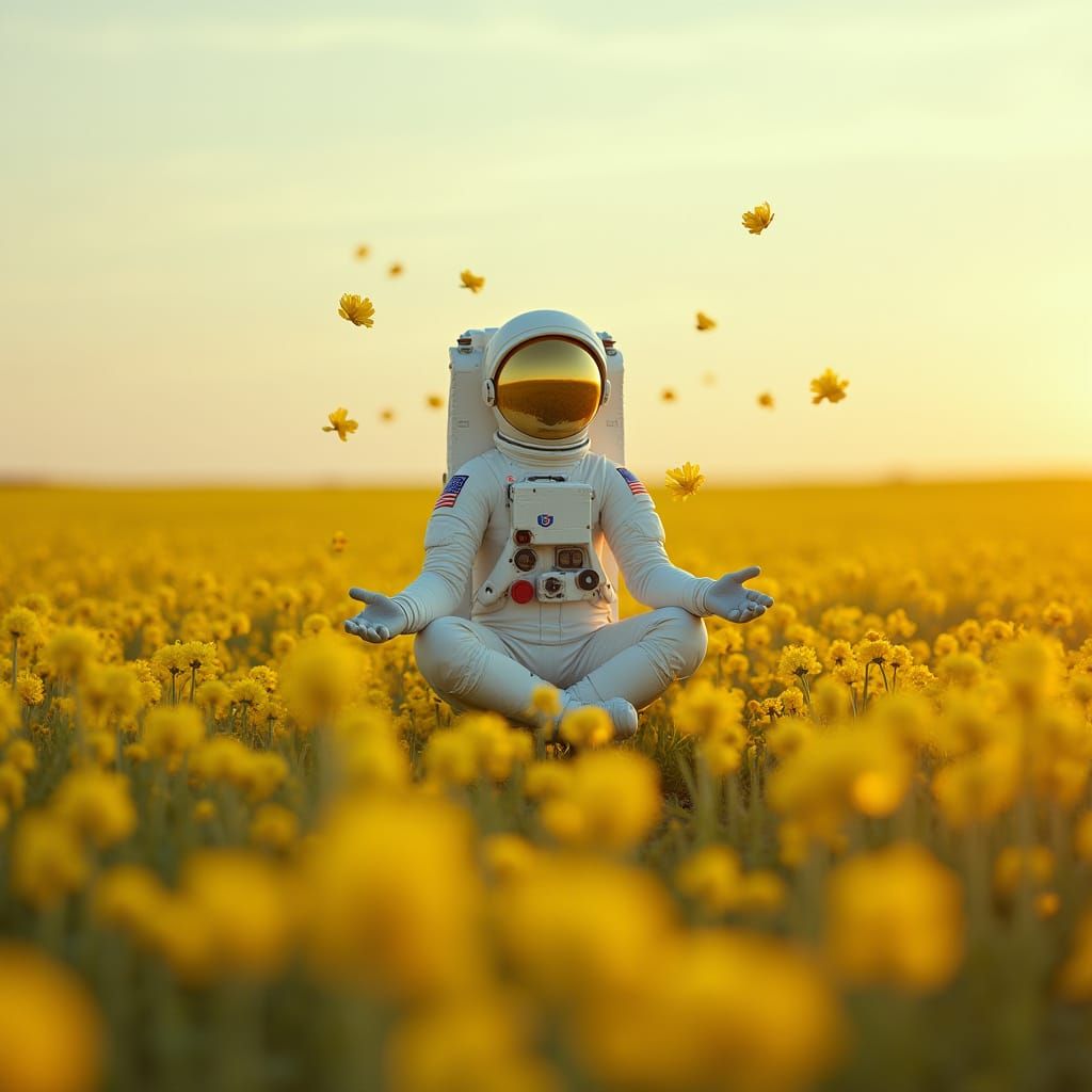 Astronaut in Serene Yellow Field, Floating in Meditative Pos...