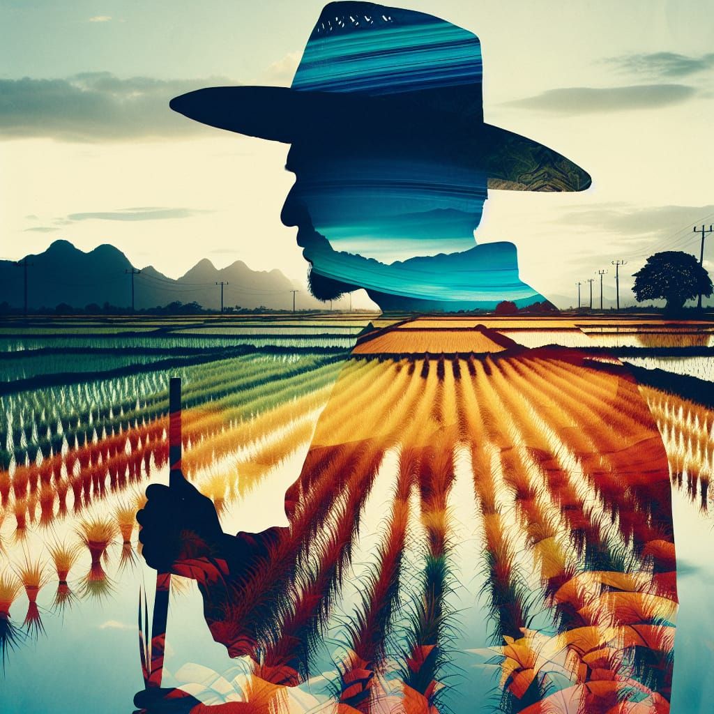 Double Exposure: Hispanic Farmer and Paddy Field