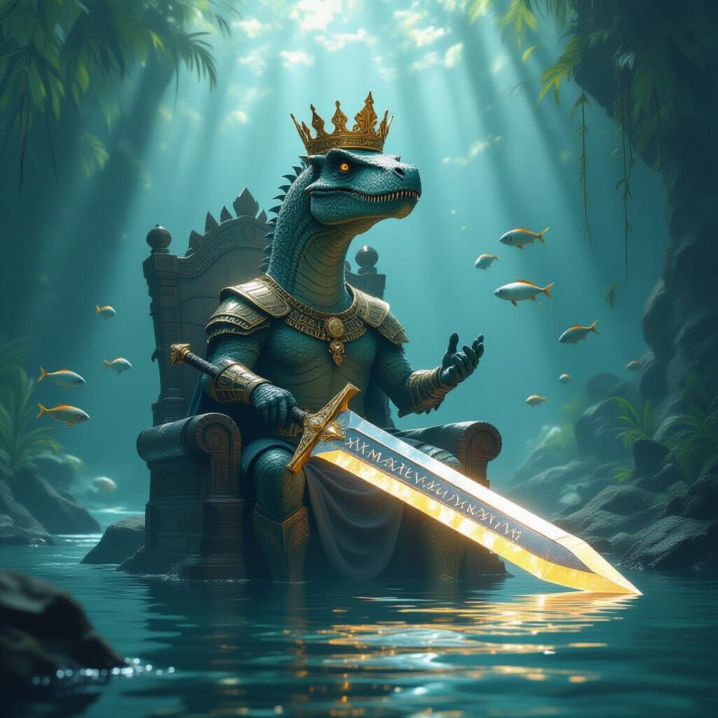 Spinosaurus King on Submerged Throne in Epic Fantasy Style