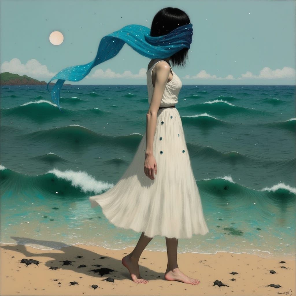 Woman in White Sundress Walks Along Moonlit Beach