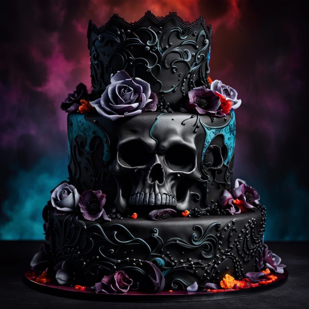 Massive over the top Hellish Sinister lacey elaborate tiered Gothic cake, skulls, black flowers