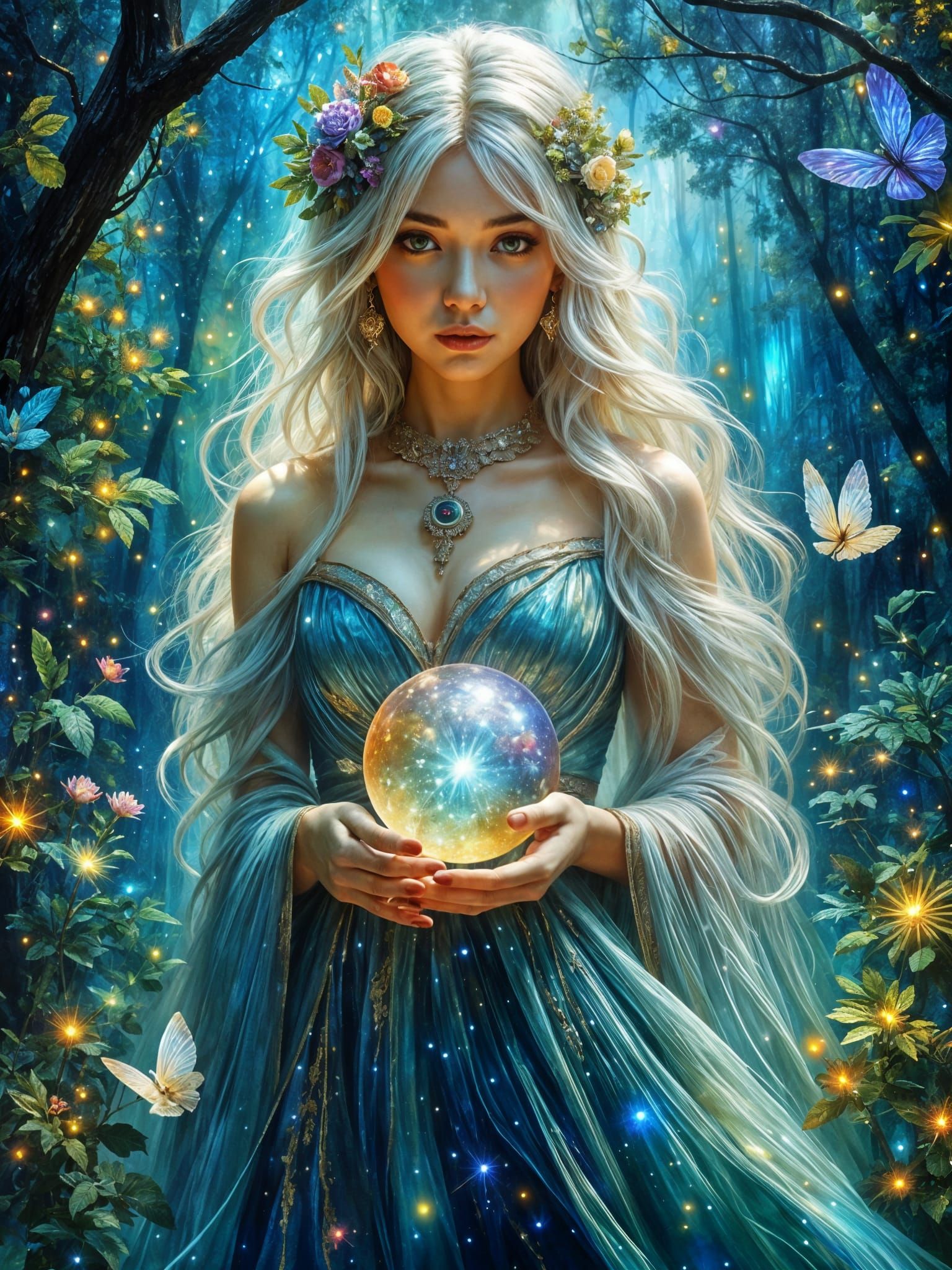 Ethereal Elven Queen with Gryphon in Moonlit Forest