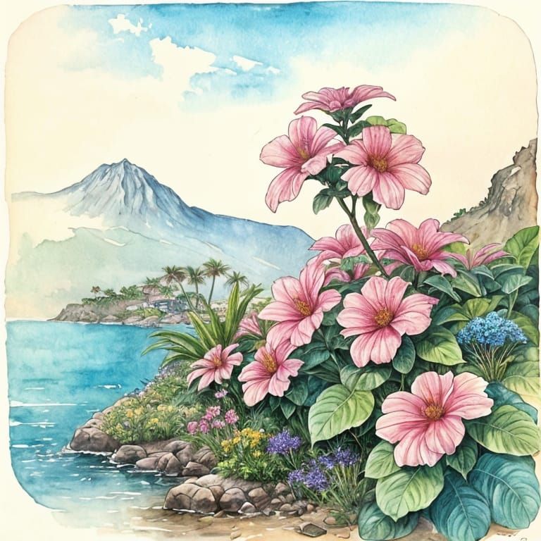 Island Oasis in Watercolor and Ink Style