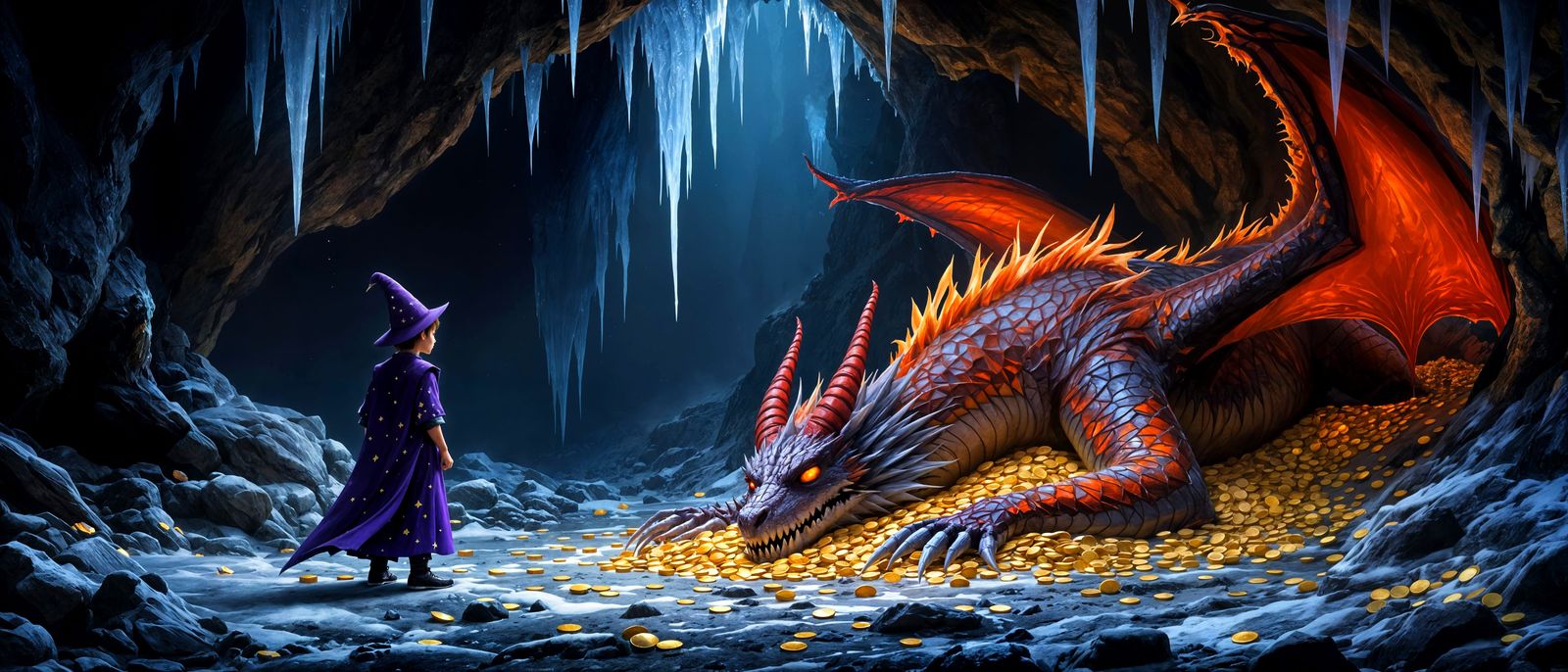 Mystical Cave Encounter in Vibrant Fantasy Style