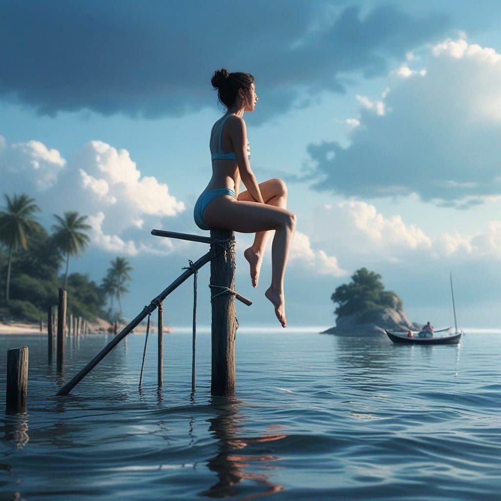 Serenely Contemplative Nude Figure on Seaside Pier