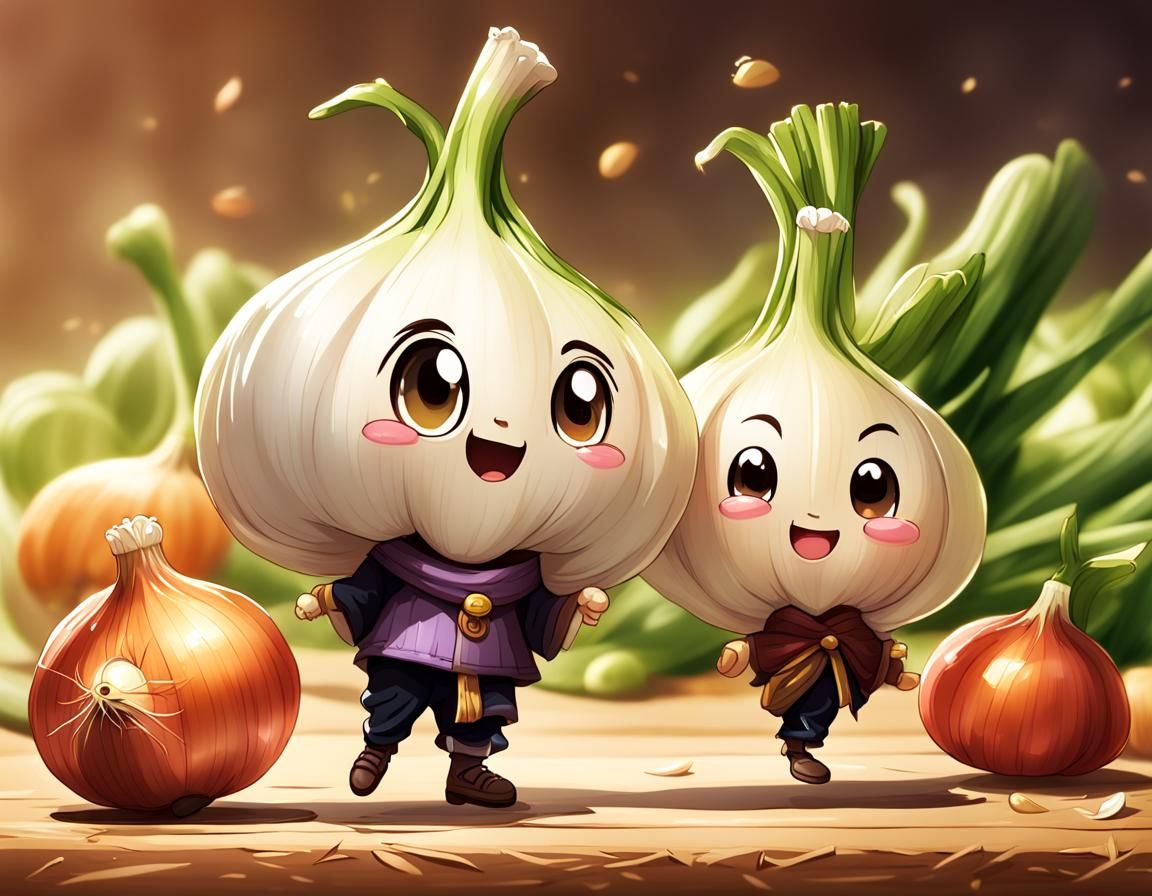 Chibi Onion and Garlic Pair with exaggerated proportion, lar...
