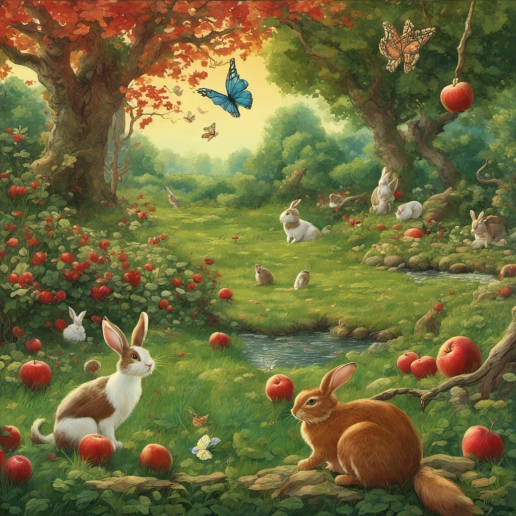 Enchanted Garden Scene with Rabbits and Butterflies