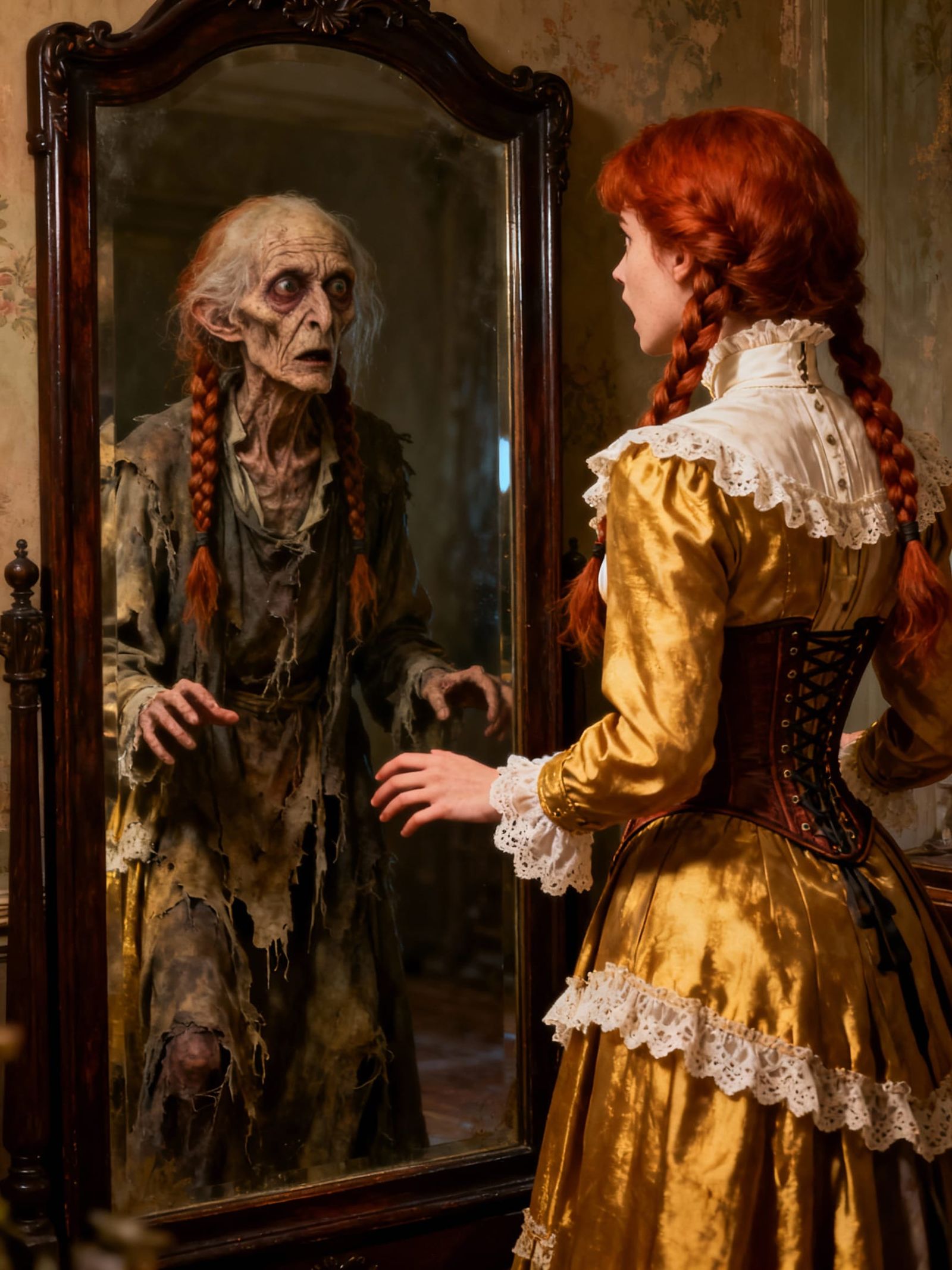 Young Woman Sees Crone in Mirror: Realistic 1900s Fashion
