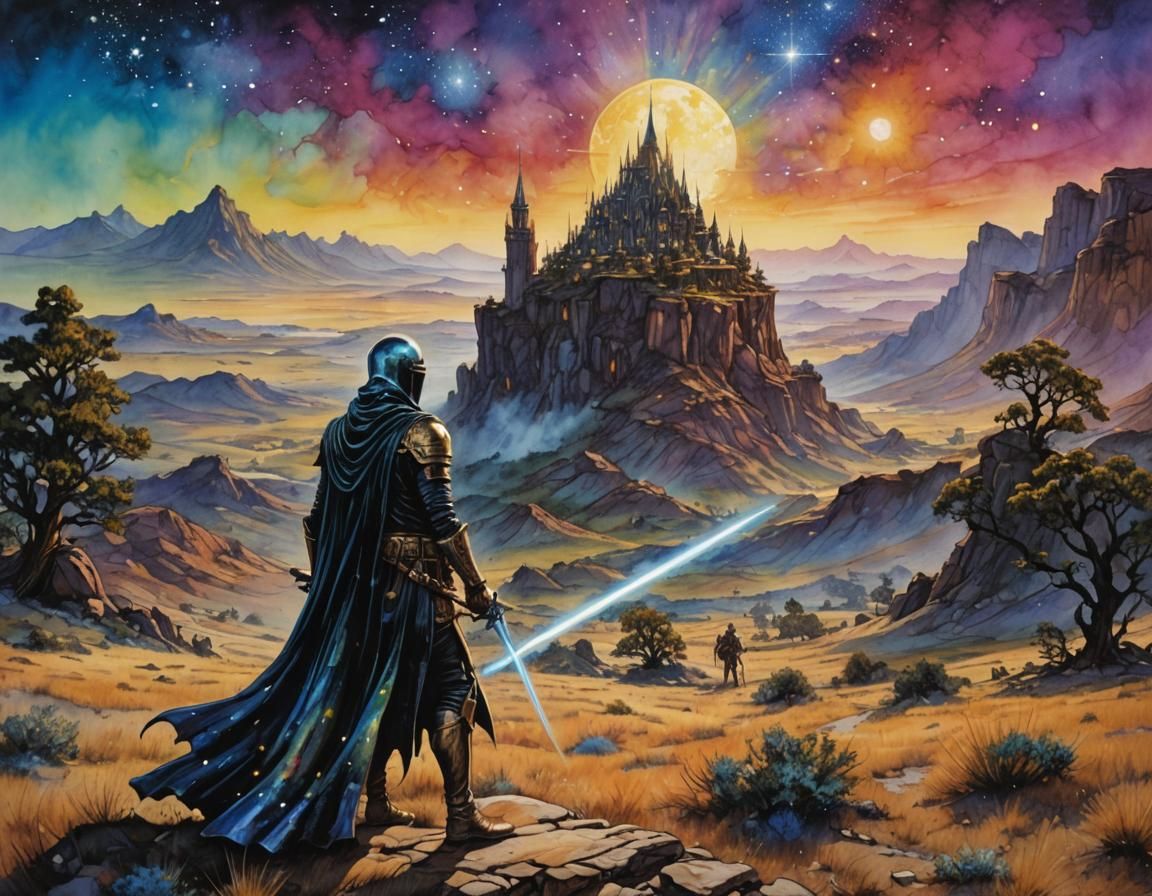 Magical Battlefield: Sparkling Figure in Alcohol Ink Style