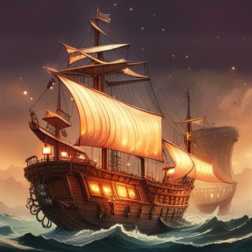Pirate Ship with Golden Outlines Digital Painting