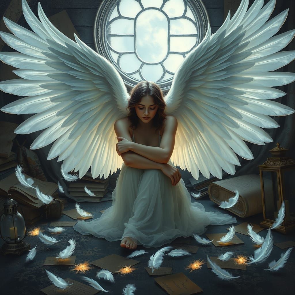 Whimsical Dreamlike Scene of a Winged Woman in a Moonlit Att...