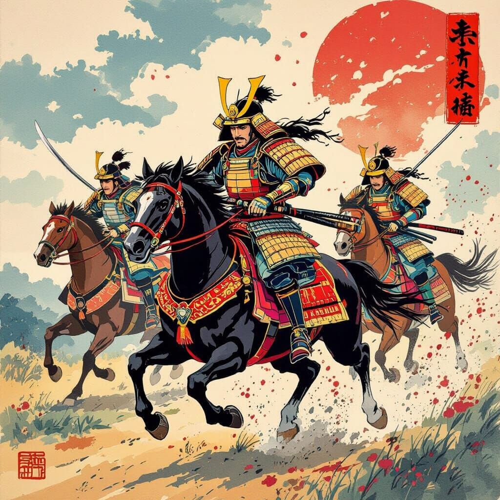 Samurai Warriors Charging Forward in Vibrant Action Scene