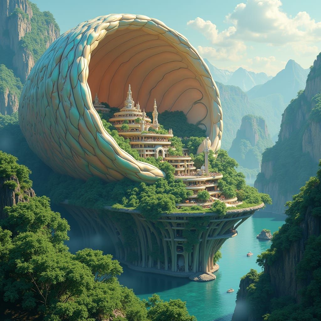 Iridescent City Blossoms in Organic Art Nouveau Shell