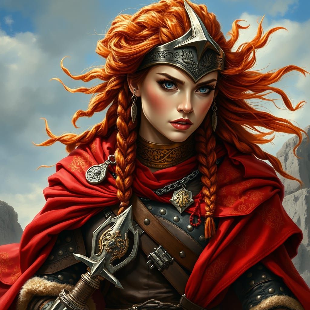 Regal Warrior Woman in Crimson Cloak with Golden Torque