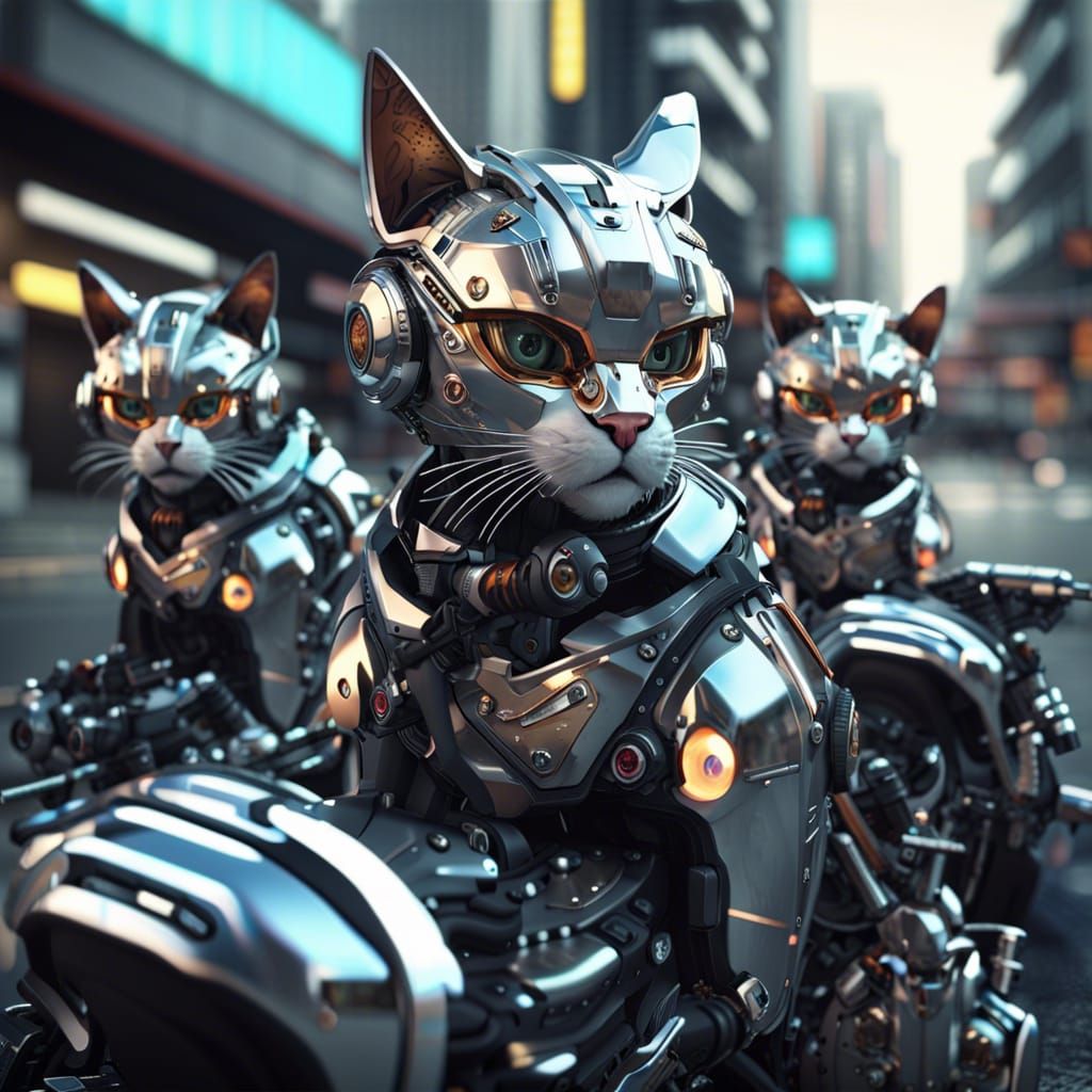 Cyborg Cats Ride Motorbikes in Neo Japan
