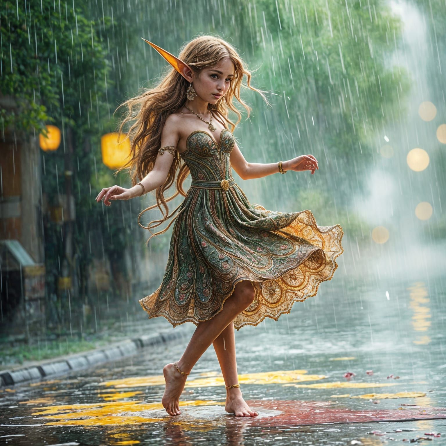 Hyperrealistic Elf Dancing in Colored Rain
