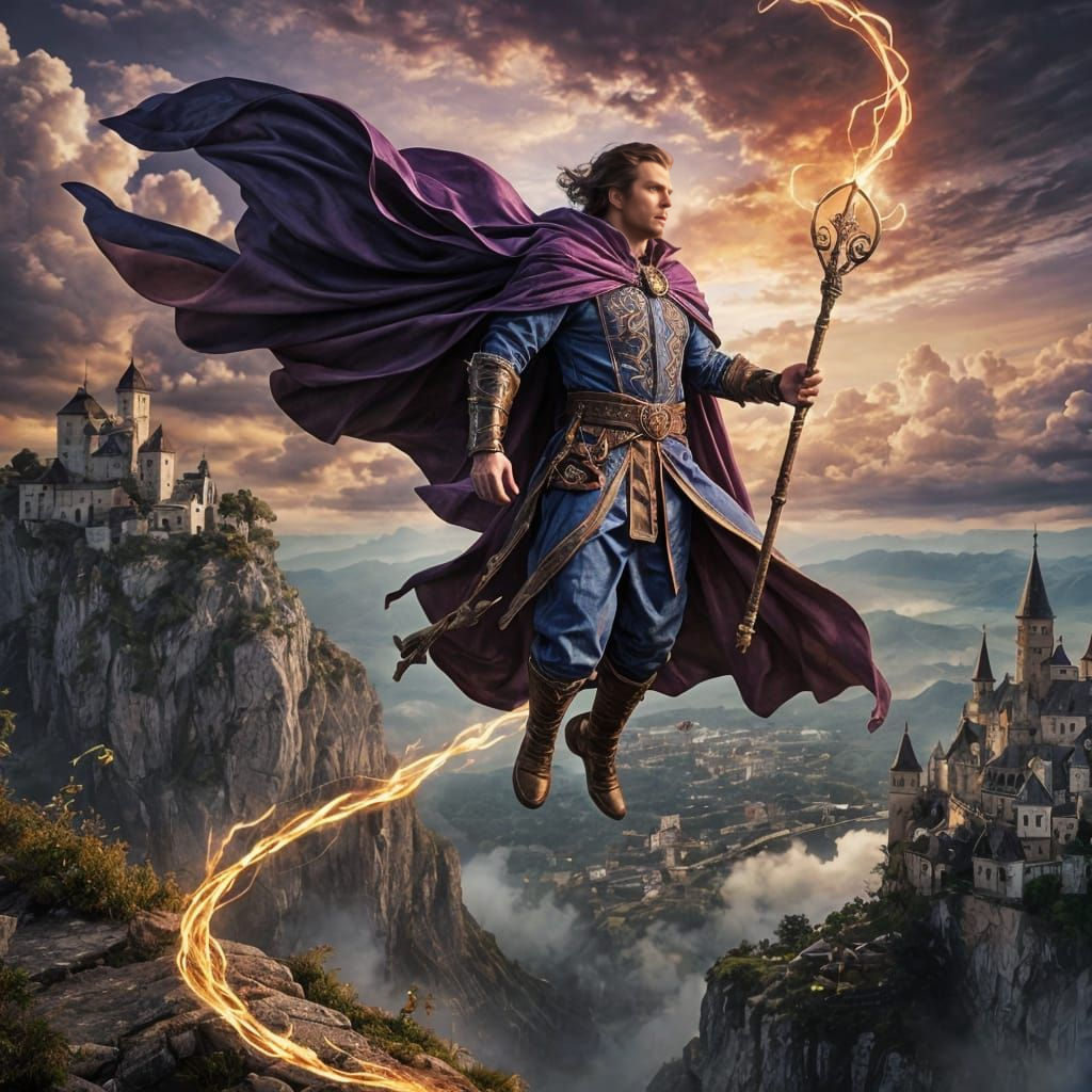 Sorcerer's Flight with Magic Staff: Hyperrealistic Photo